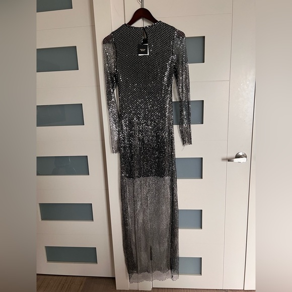 Zara Black Mesh Silver Sequins see through long sleeve maxi dress M - Picture 5 of 8
